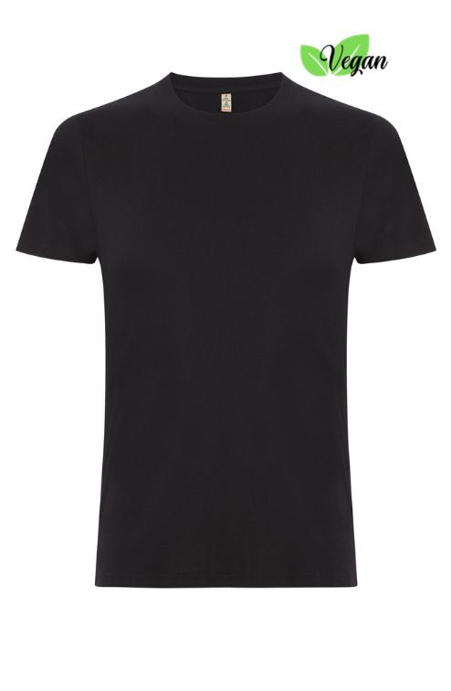 Produktfoto von vorne eines veganen Damen T-Shirts in der Farbe Schwarz