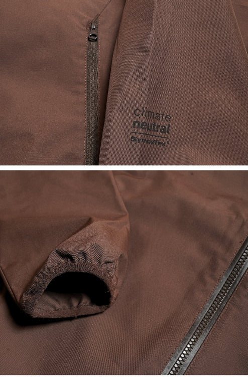 Reissverschluss- und Ärmeldetails einer Outdoor Rainshell Jacket aus Sympatex in der Farbe Braun