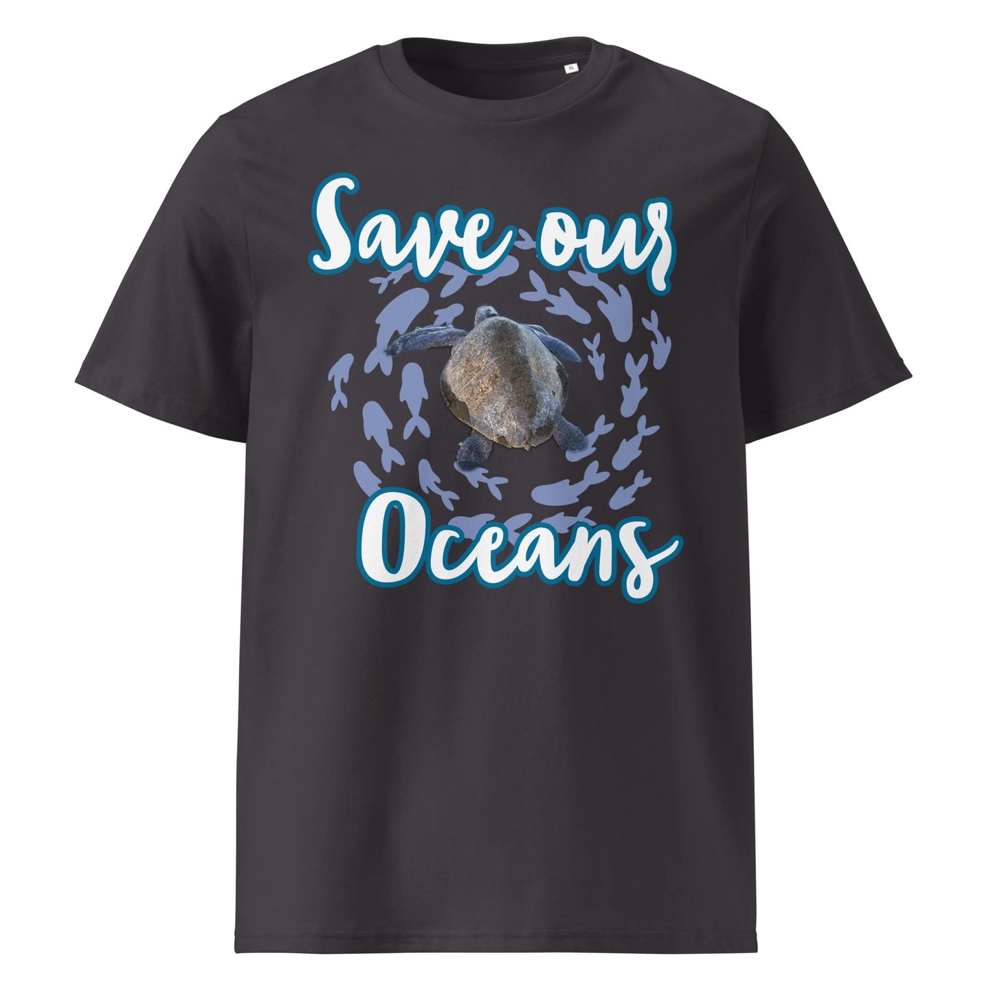 Frontansicht eines Unisex T-Shirts mit dem Slogan Save our Oceans Motiv Meeres Schildkröte in der Farbe Anthracite Anthrazit