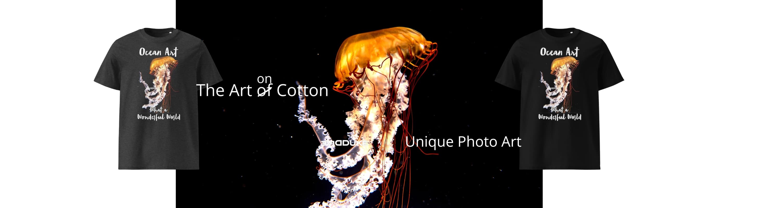 This photo shows the original jelly fish photo by an artist - and two of created art shirts