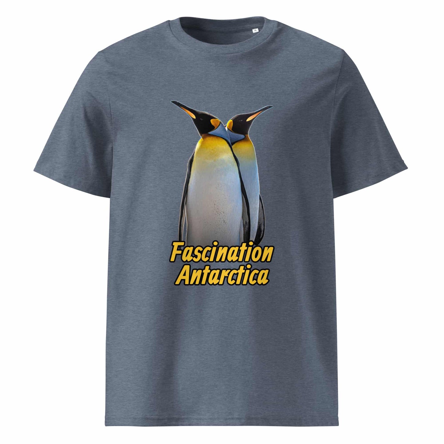 Frontansicht eines Herren T-Shirts mit Fotodruck zweier King Penguins - in der Farbe Dark Heather Blue Grau-Blau