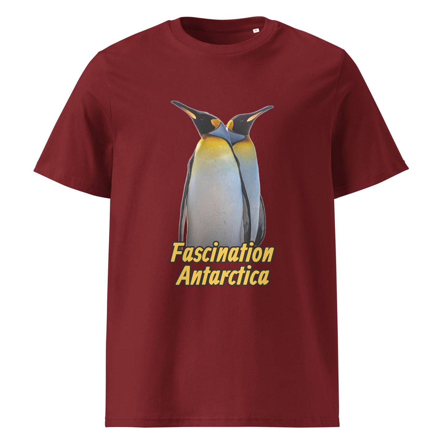 Frontansicht eines Herren T-Shirts mit Fotodruck zweier King Penguins - in der Farbe Burgundy Burgunder Rot