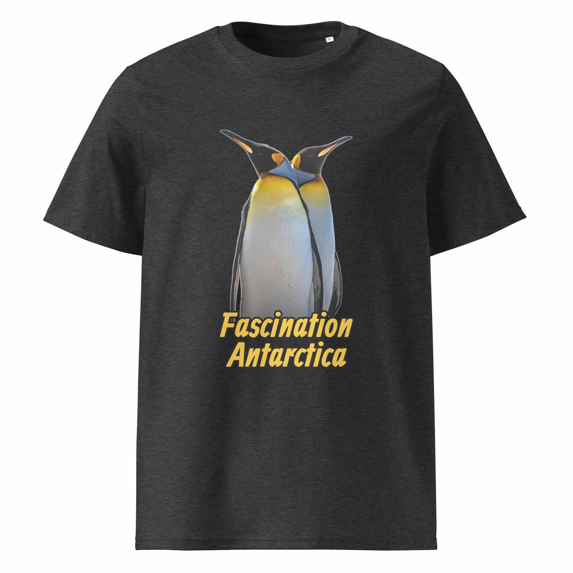 Frontansicht eines Herren T-Shirts mit Fotodruck zweier King Penguins - in der Farbe Dark Heather Grey