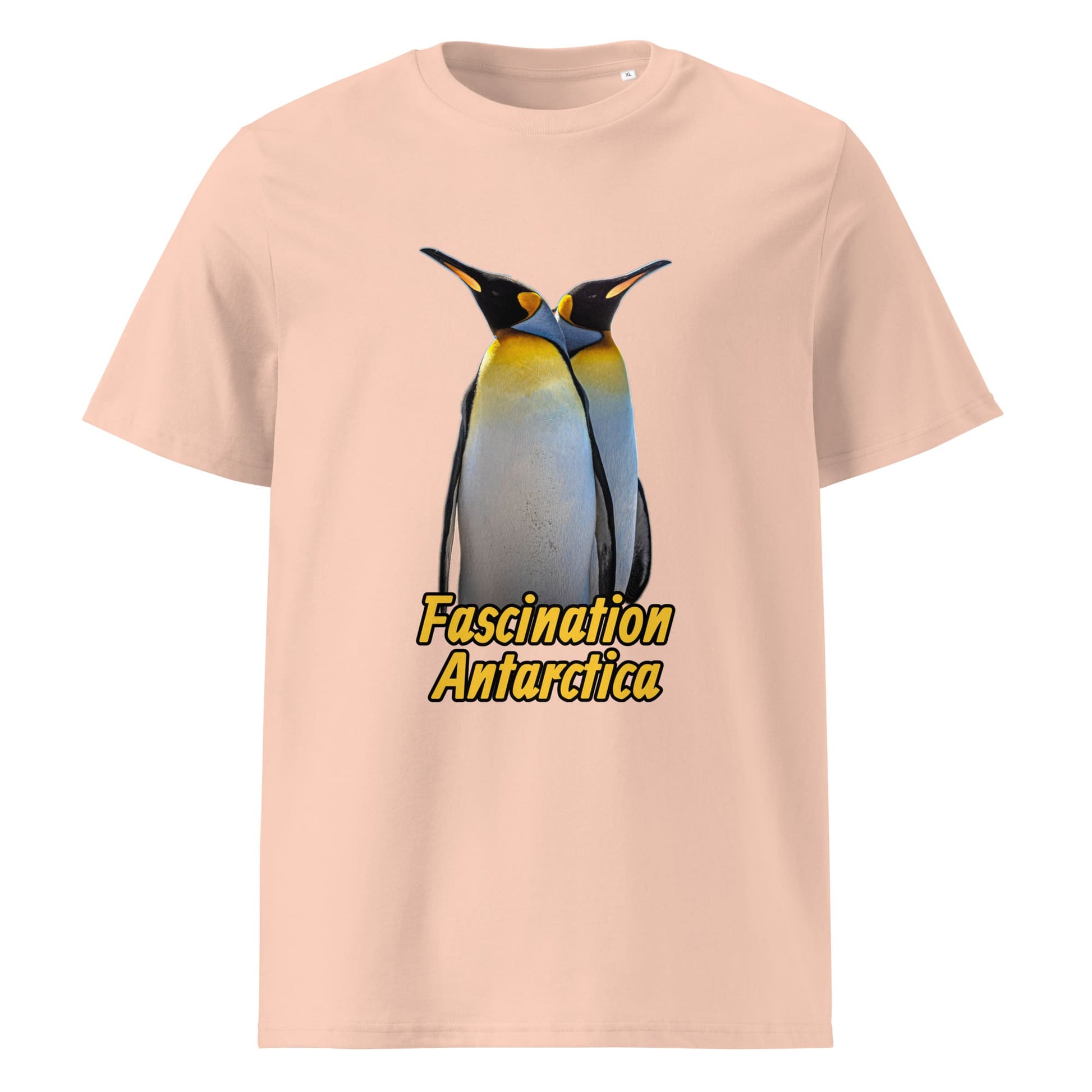 Frontansicht eines Herren T-Shirts mit Fotodruck zweier King Penguins - in der Farbe Fraiche Peche Pfirsich