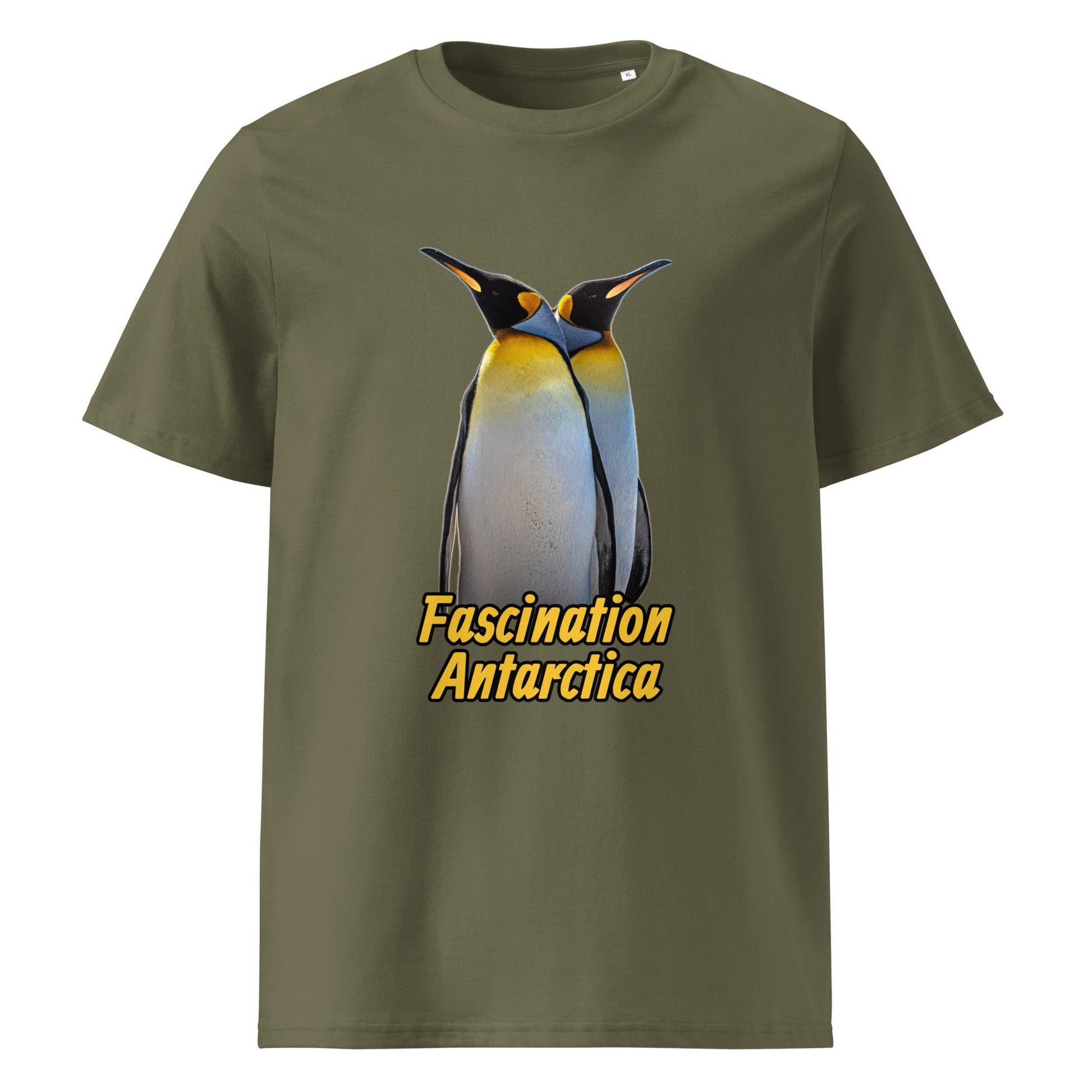 Frontansicht eines Herren T-Shirts mit Fotodruck zweier King Penguins - in der Farbe Khaki