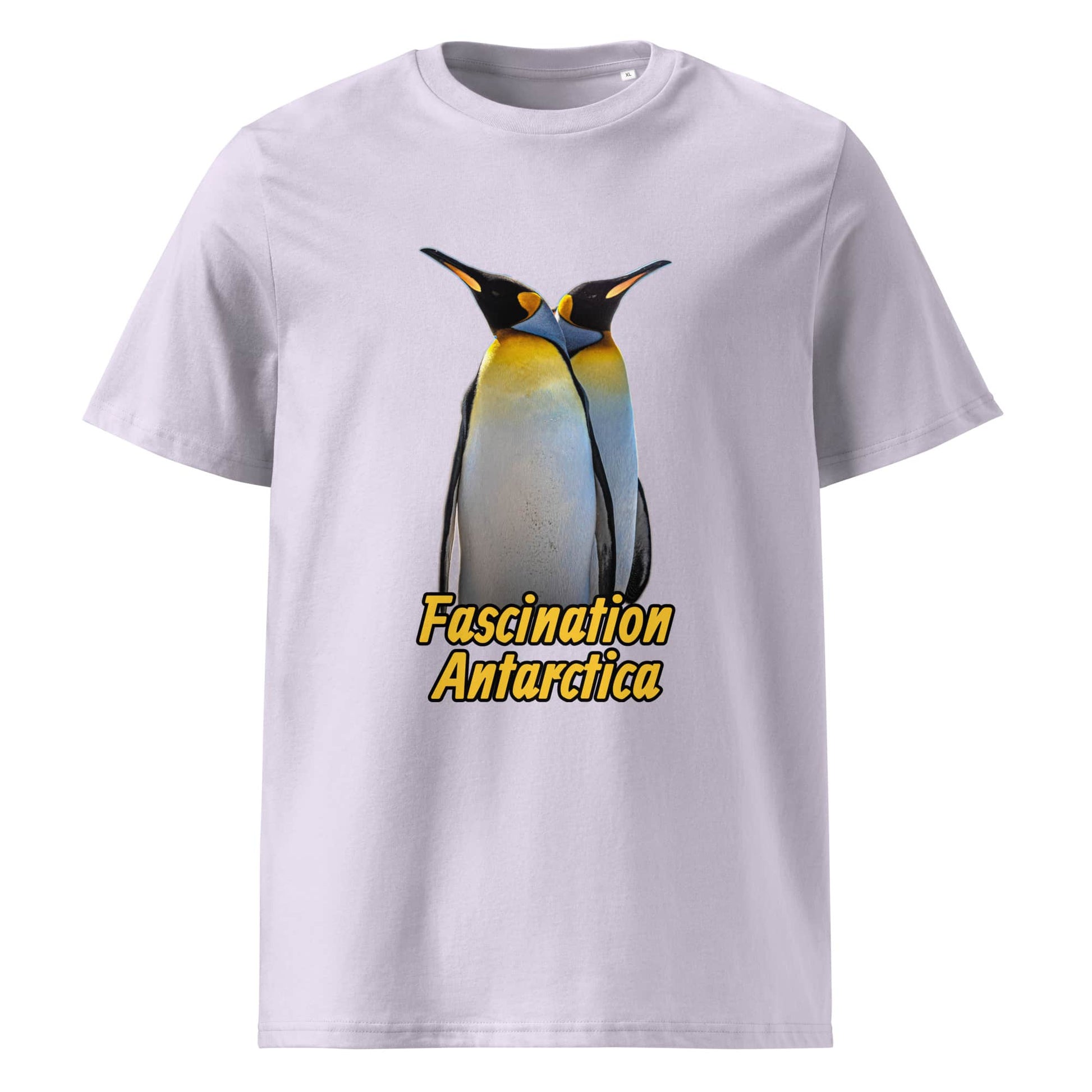 Frontansicht eines Herren T-Shirts mit Fotodruck zweier King Penguins - in der Farbe Lavender Lavendel