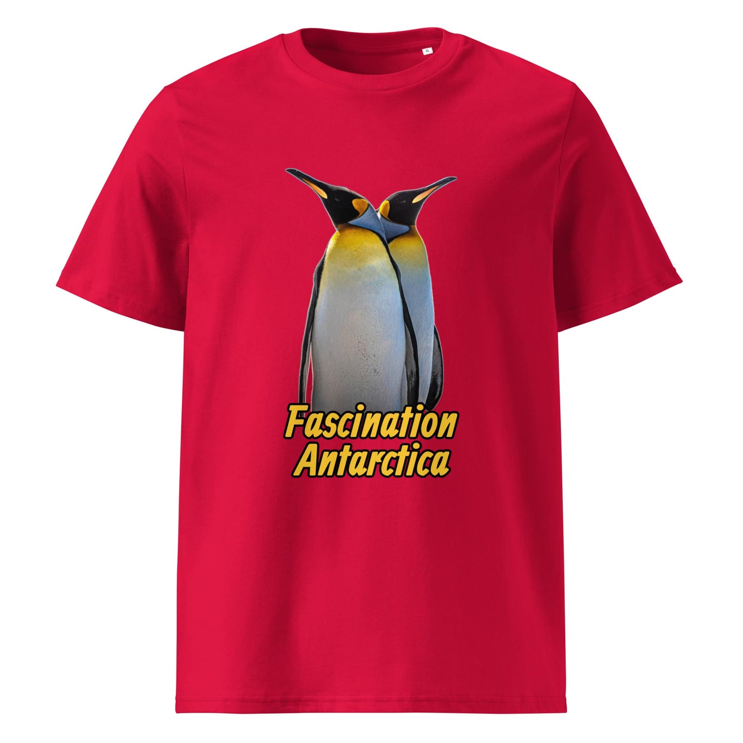 Frontansicht eines Herren T-Shirts mit Fotodruck zweier King Penguins - in der Farbe Red Rot