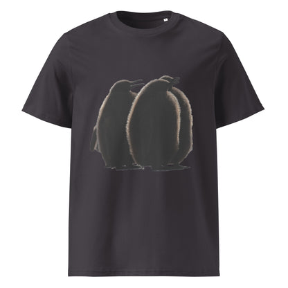 coole Shirts für Herren mit dem Motiv von 3 Baby Königs Pinguinen auf einem anthrazit-farbenen T-Shirt als Vollansicht