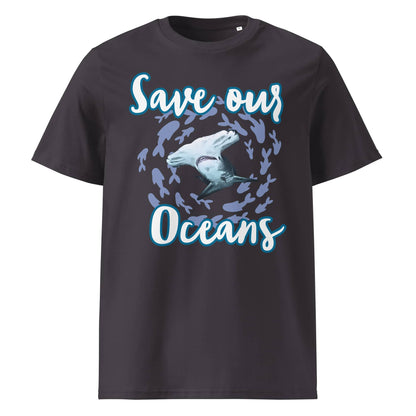 Frontansicht Damen Shirt mit dem Slogan Save our Oceans Motiv Hammerhai in der Farbe Anthracite Anthrazit