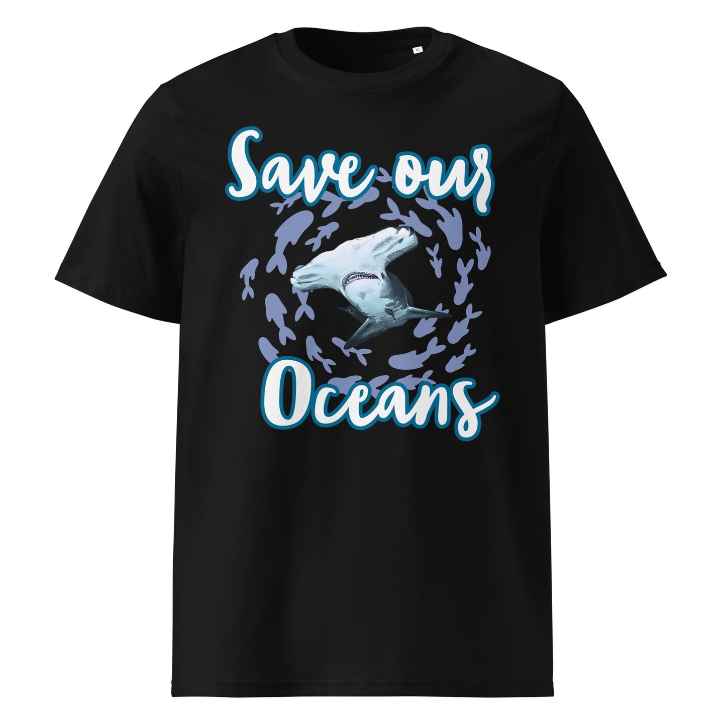 Frontansicht Damen Shirt mit dem Slogan Save our Oceans Motiv Hammerhai in der Farbe Black Schwarz