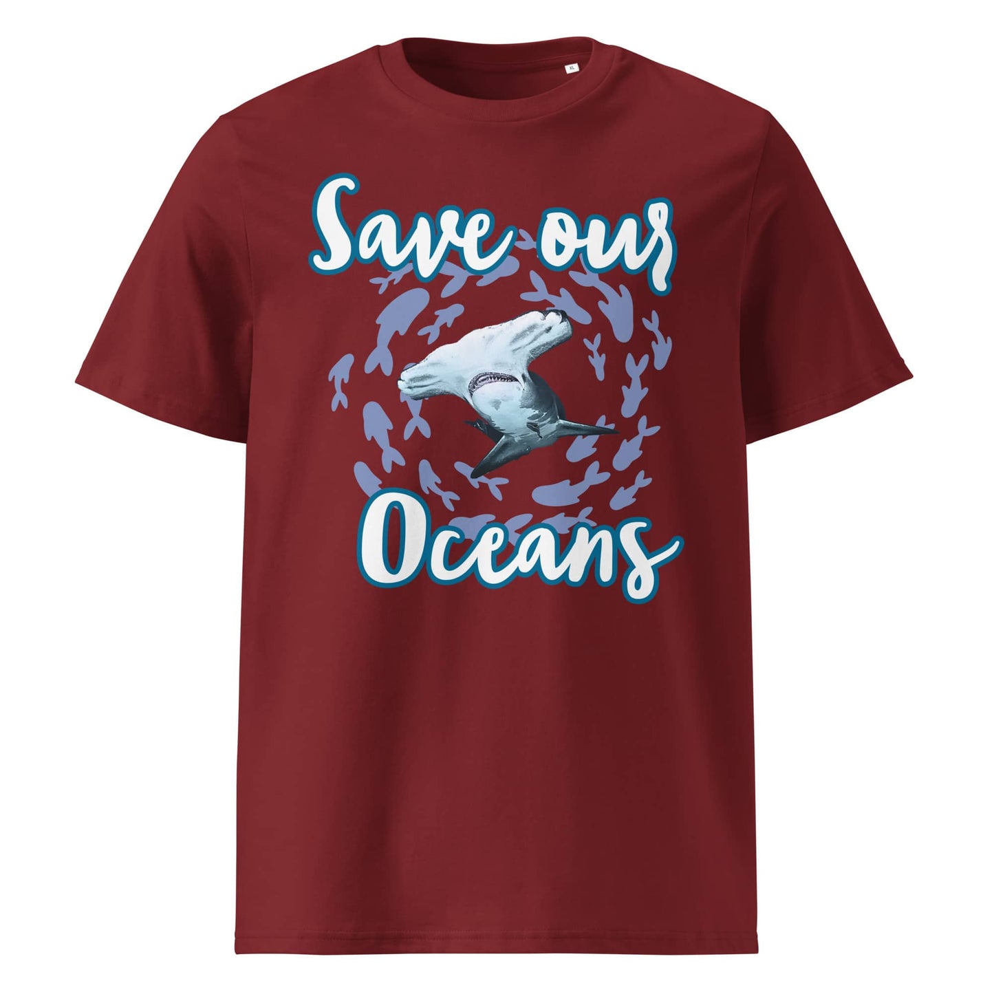 Frontansicht Damen Shirt mit dem Slogan Save our Oceans Motiv Hammerhai in der Farbe Burgundy Burgunder Rot