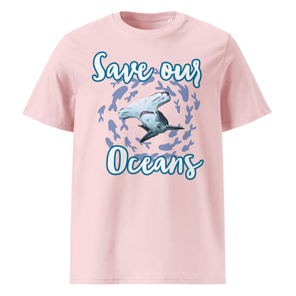 Frontansicht Damen Shirt mit dem Slogan Save our Oceans Motiv Hammerhai in der Farbe Cotton Pink Rosa