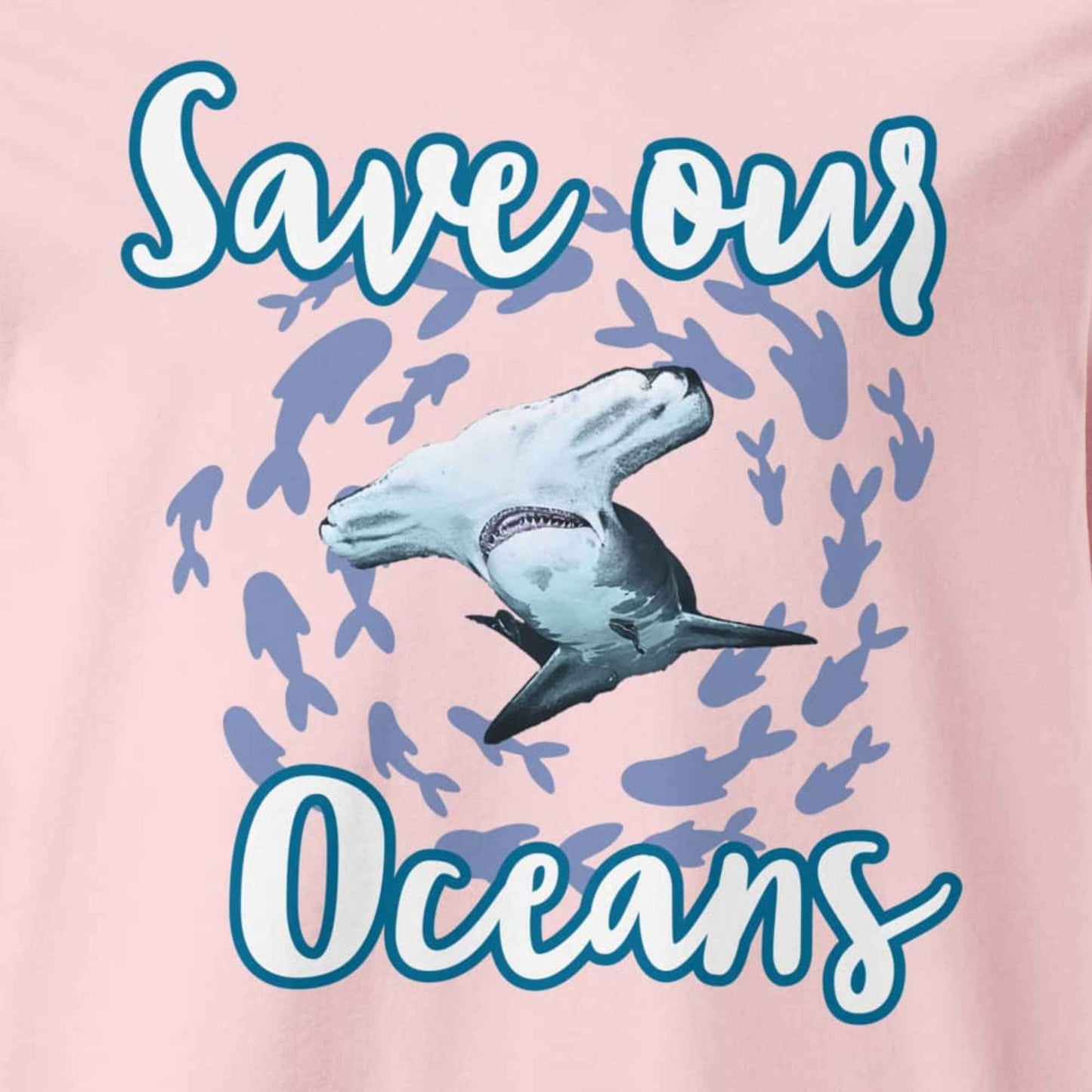 Motivansicht Damen Shirt mit dem Slogan Save our Oceans Motiv Hammerhai in der Farbe Cotton Pink Rosa