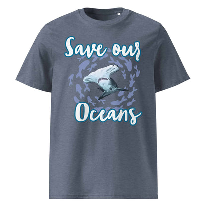 Frontansicht Damen Shirt mit dem Slogan Save our Oceans Motiv Hammerhai in der Farbe Dark Heather Blue Grau-Blau