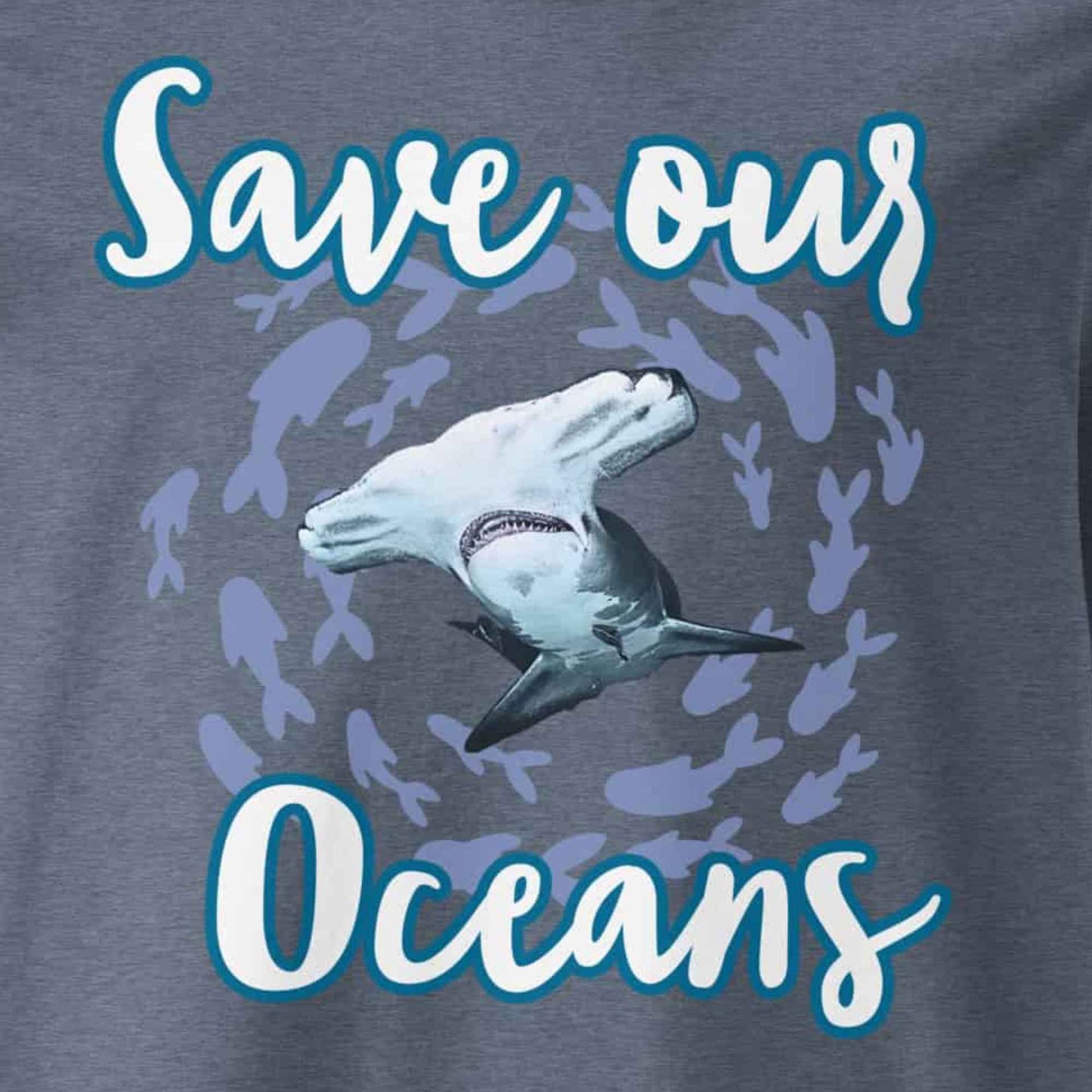 Motivansicht Damen Shirt mit dem Slogan Save our Oceans Motiv Hammerhai in der Farbe Dark Heather Blue Grau-Blau