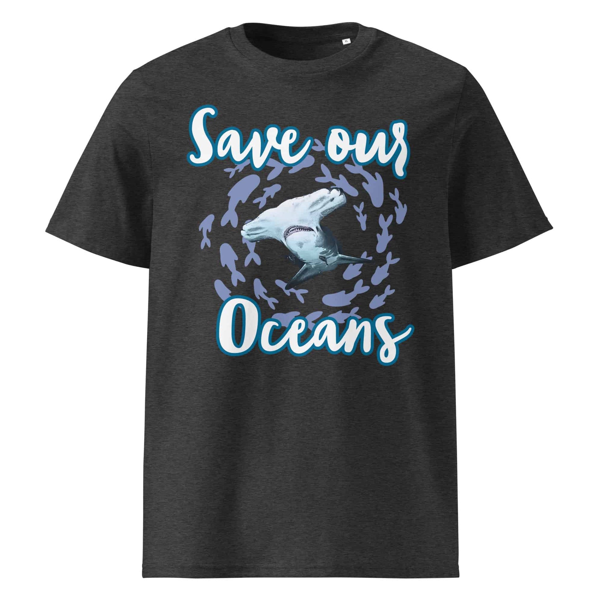 Frontansicht Damen Shirt mit dem Slogan Save our Oceans Motiv Hammerhai in der Farbe Dark Heather Grey Dunkel Grau