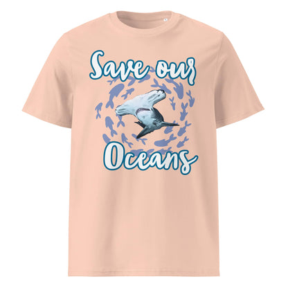 Frontansicht Damen Shirt mit dem Slogan Save our Oceans Motiv Hammerhai in der Farbe Fraiche Peche Apricot