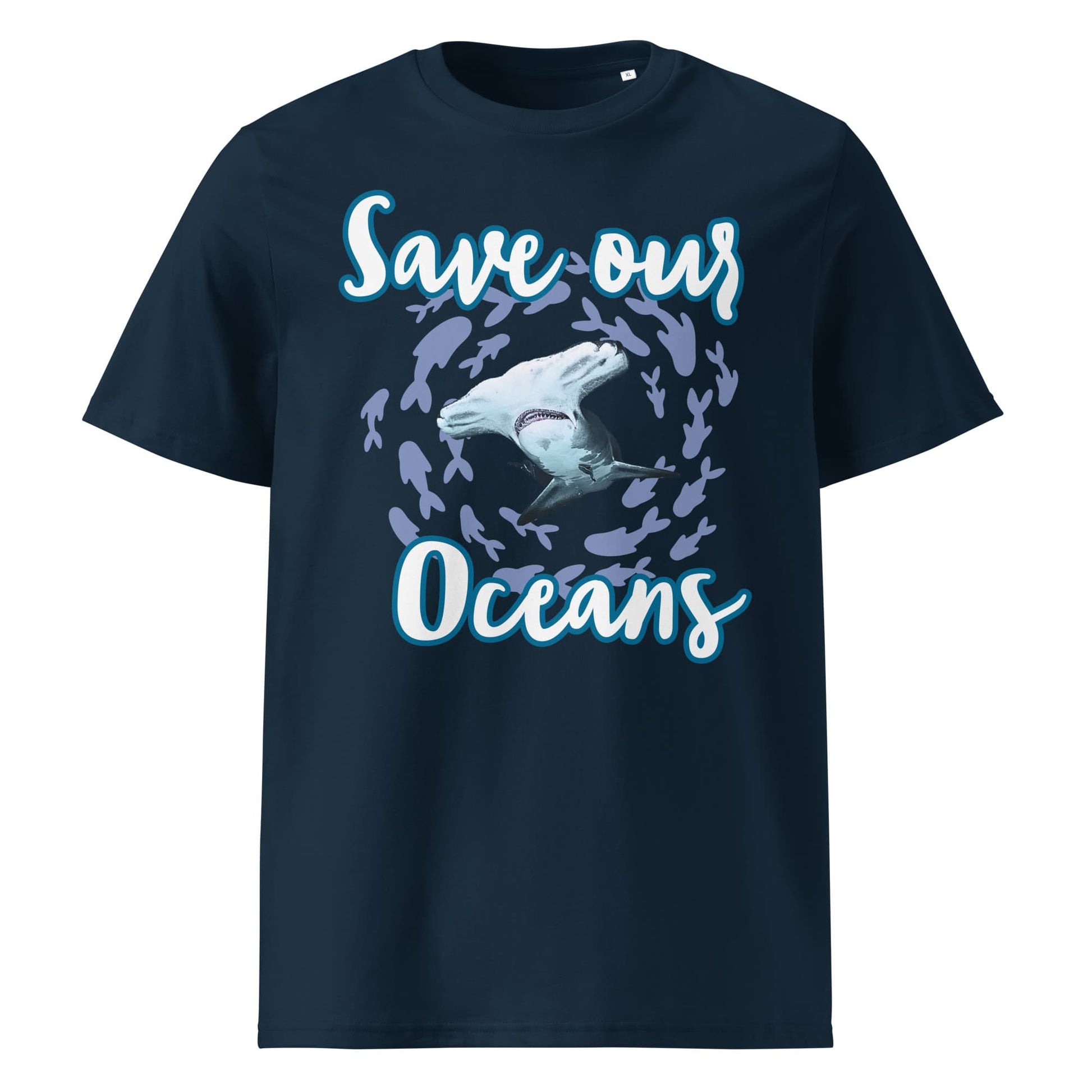 Frontansicht Damen Shirt mit dem Slogan Save our Oceans Motiv Hammerhai in der Farbe French Navy Blau