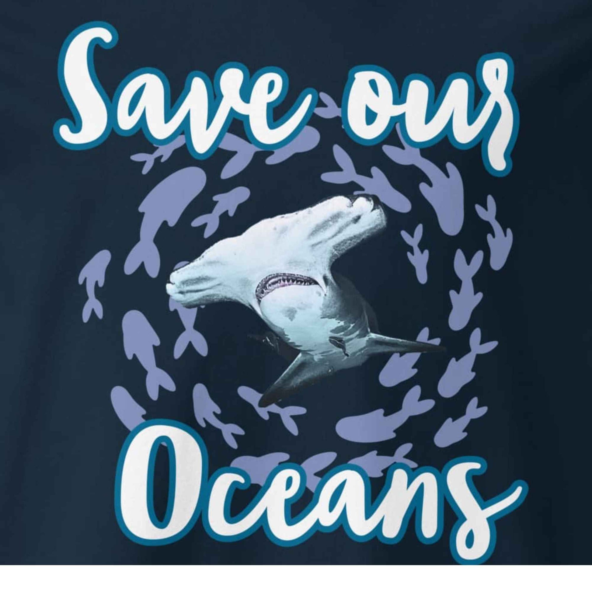 Motivansicht Damen Shirt mit dem Slogan Save our Oceans Motiv Hammerhai in der Farbe French Navy Blau