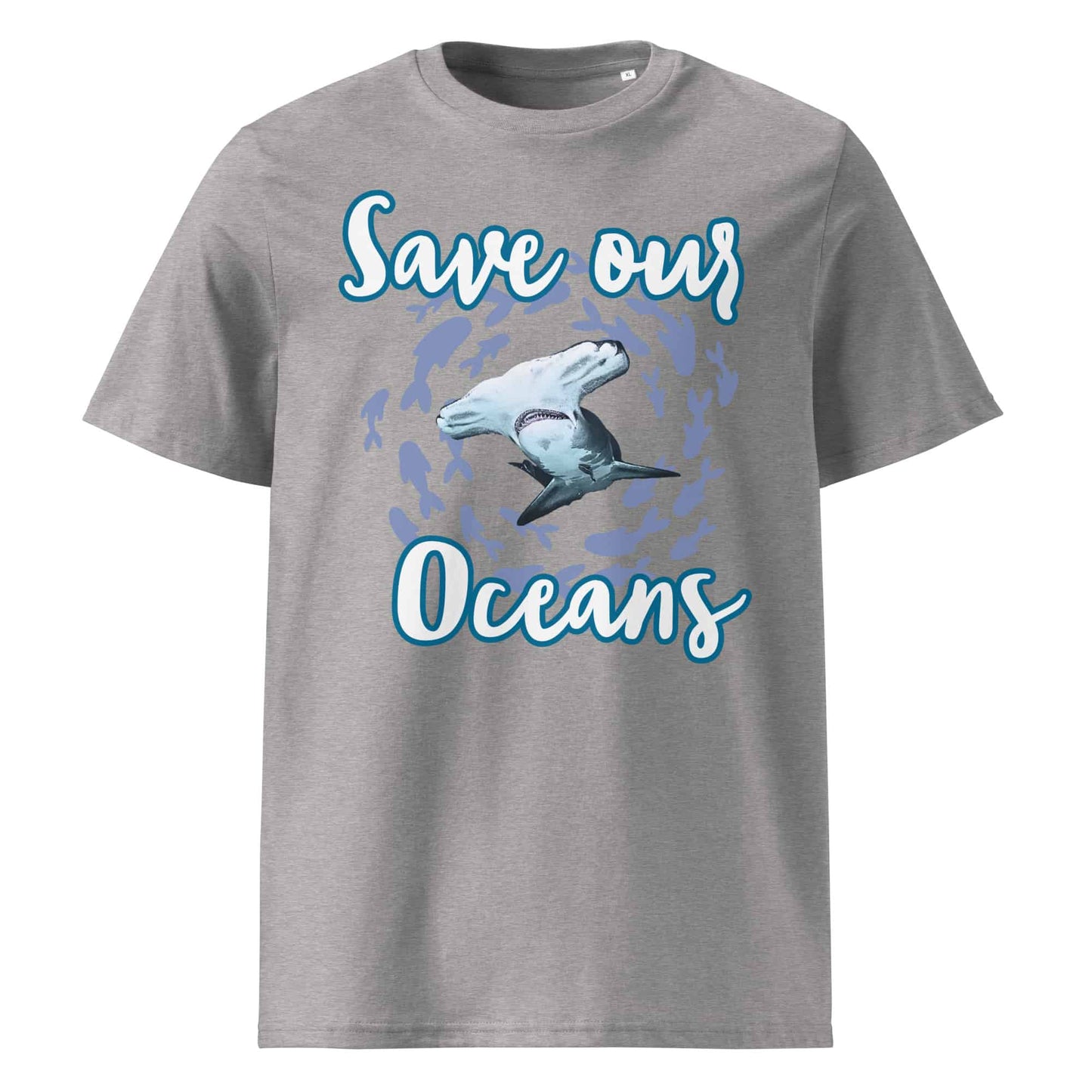 Frontansicht Damen Shirt mit dem Slogan Save our Oceans Motiv Hammerhai in der Farbe Heather Grey Grau