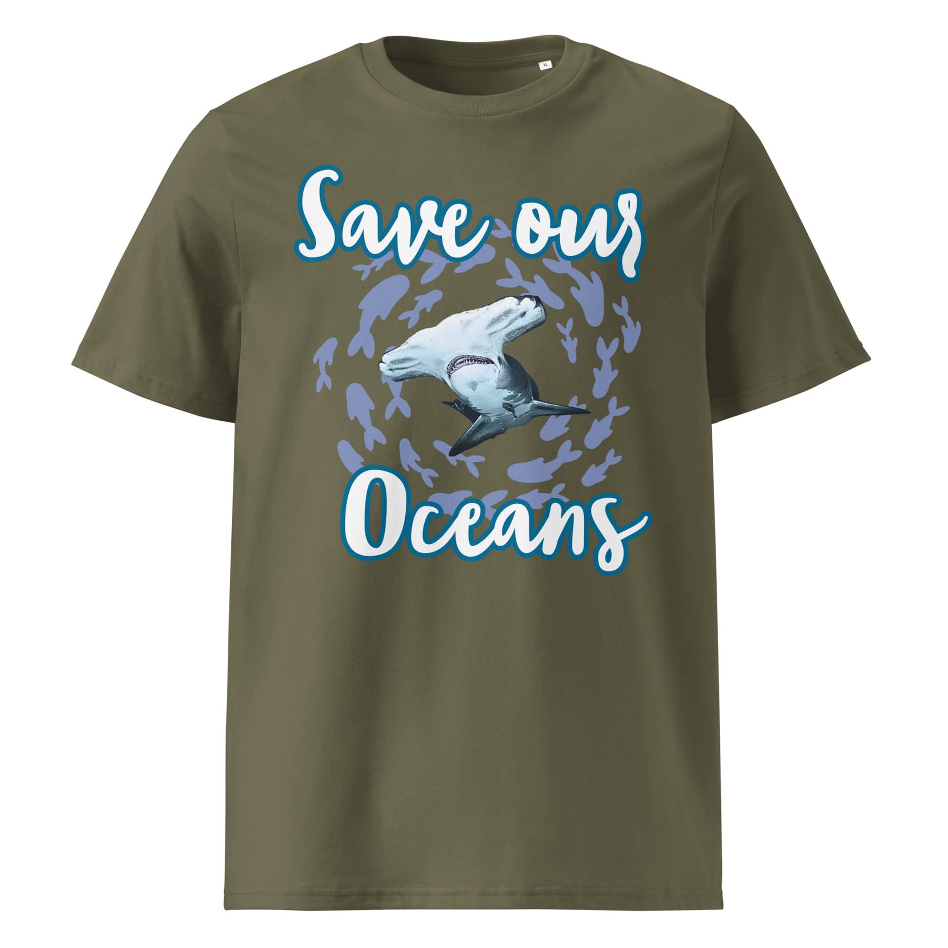 Frontansicht Damen Shirt mit dem Slogan Save our Oceans Motiv Hammerhai in der Farbe Khaki