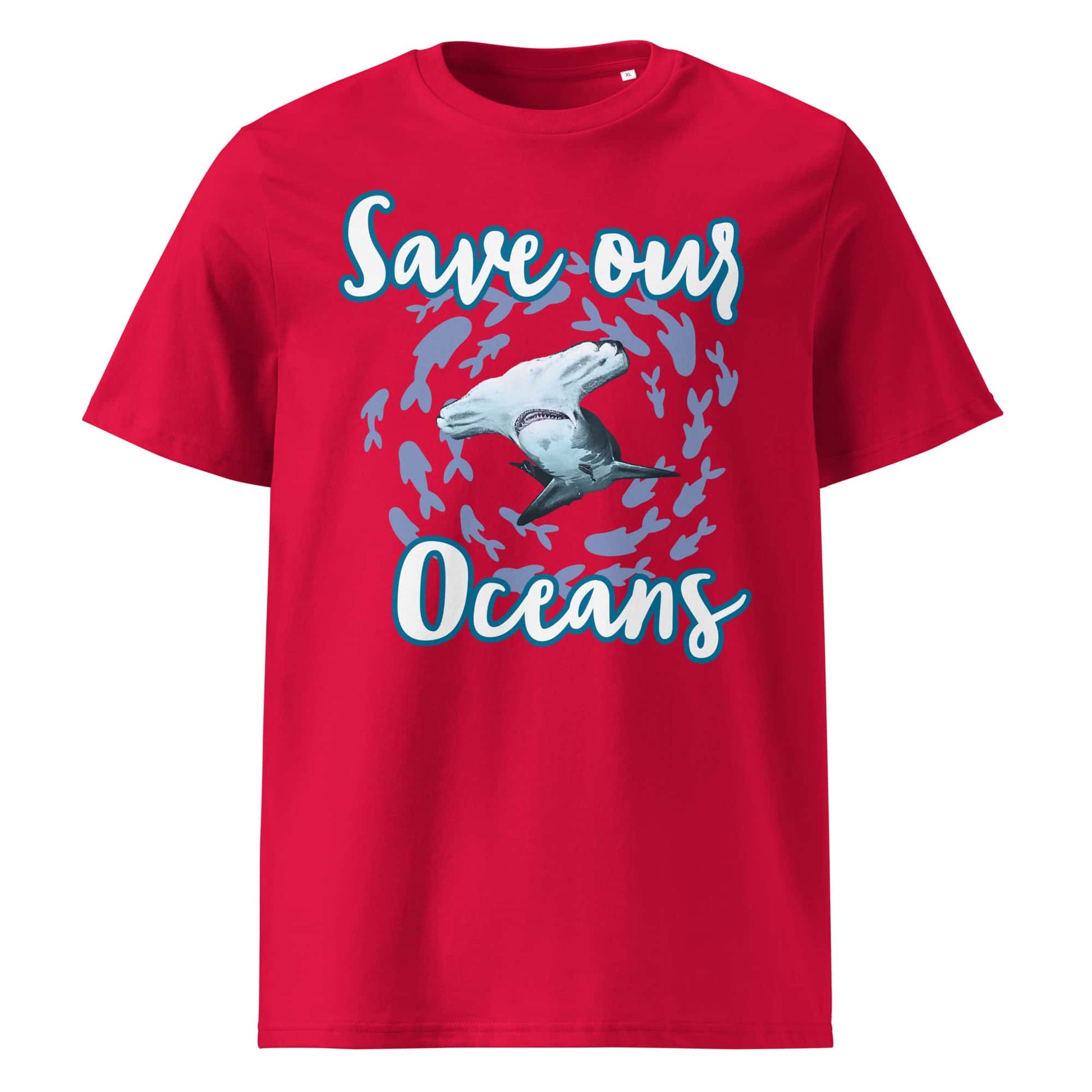 Frontansicht Damen Shirt mit dem Slogan Save our Oceans Motiv Hammerhai in der Farbe Red Rot