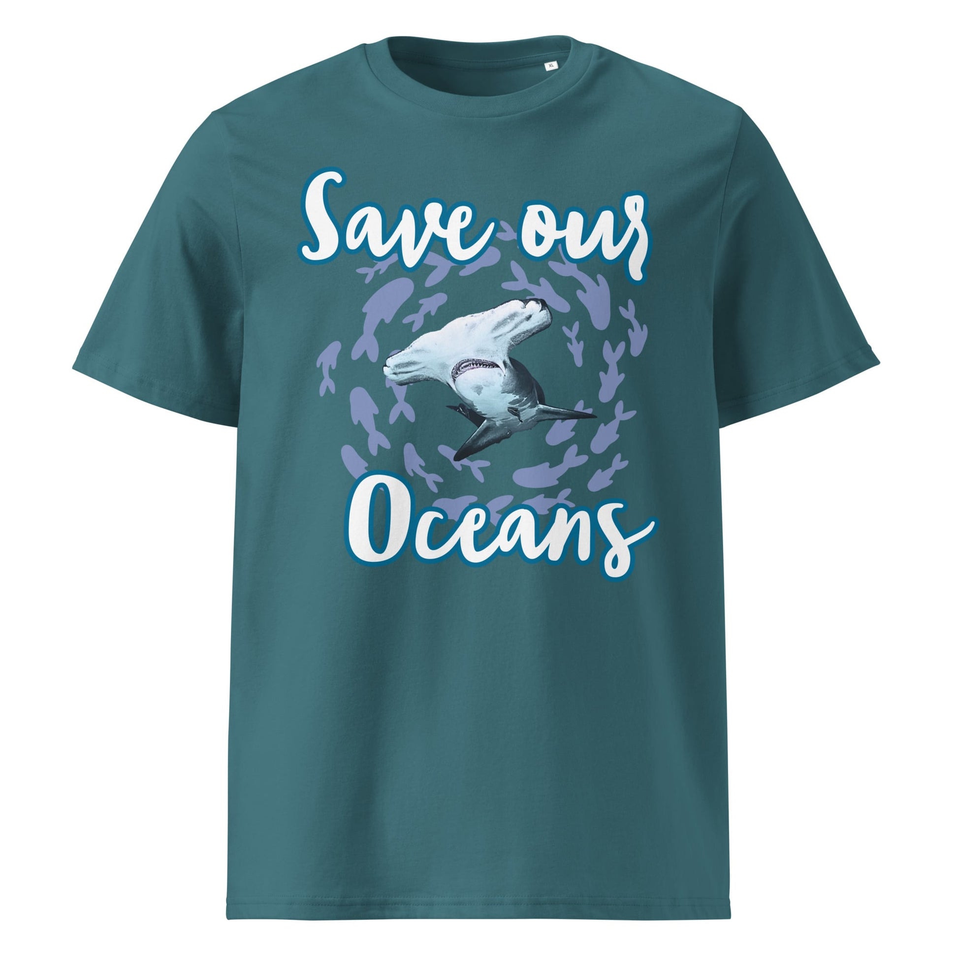 Frontansicht Damen Shirt mit dem Slogan Save our Oceans Motiv Hammerhai in der Farbe Stargazer Grau-Grün