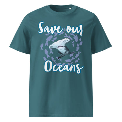 Frontansicht Damen Shirt mit dem Slogan Save our Oceans Motiv Hammerhai in der Farbe Stargazer Grau-Grün