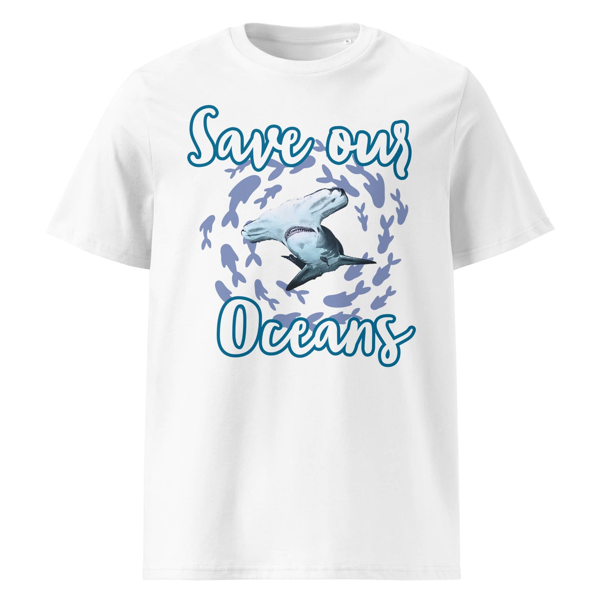 Frontansicht Damen Shirt mit dem Slogan Save our Oceans Motiv Hammerhai in der Farbe White Weiss