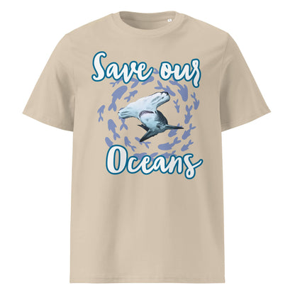 Frontansicht Damen Shirt mit dem Slogan Save our Oceans Motiv Hammerhai in der Farbe Desert Dust Wüstensand