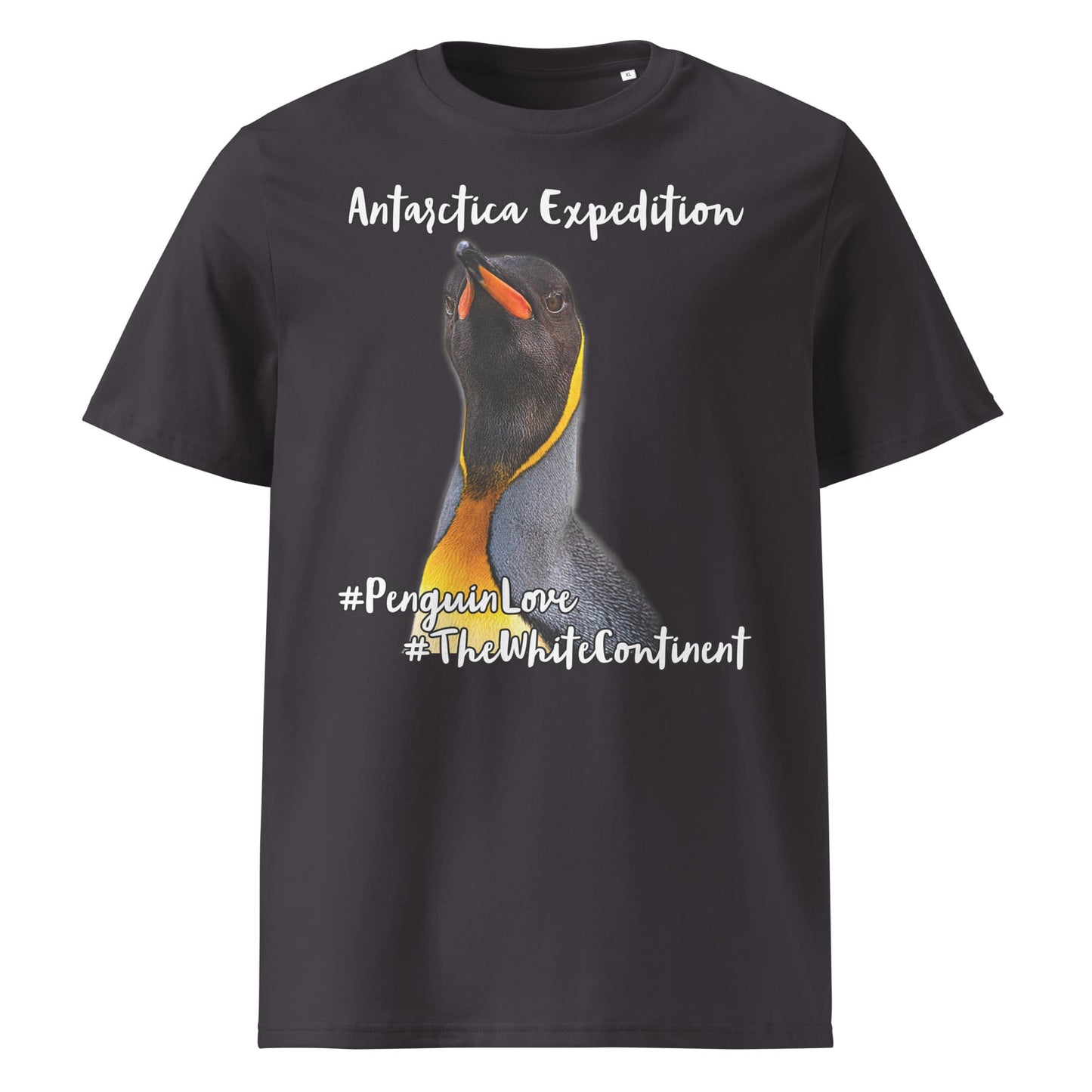 Frontansicht eines Herren T-Shirts mit Fotoprint eines Königs Pinguins in der Farbe Anthracite Anthrazit