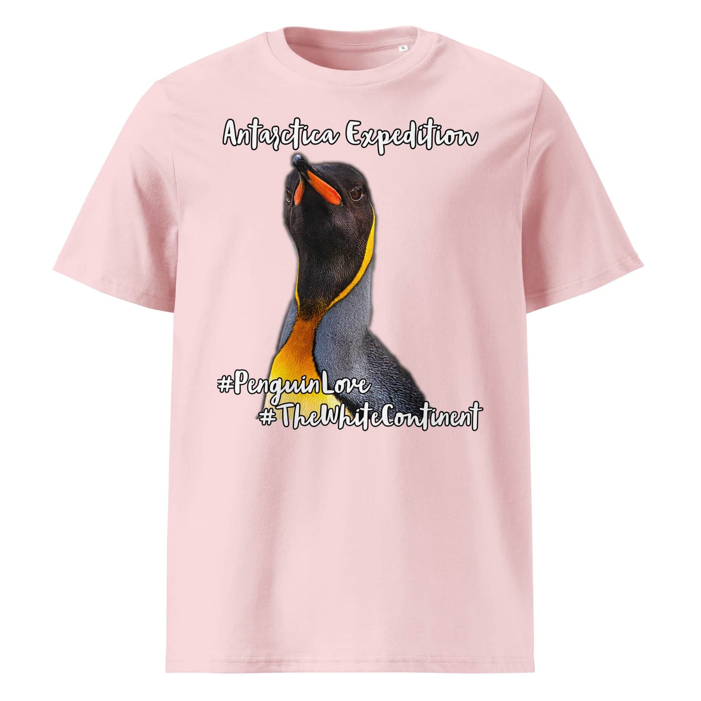 Frontansicht eines Herren T-Shirts mit Fotoprint eines Königs Pinguins in der Farbe Cotton Pink Rosa