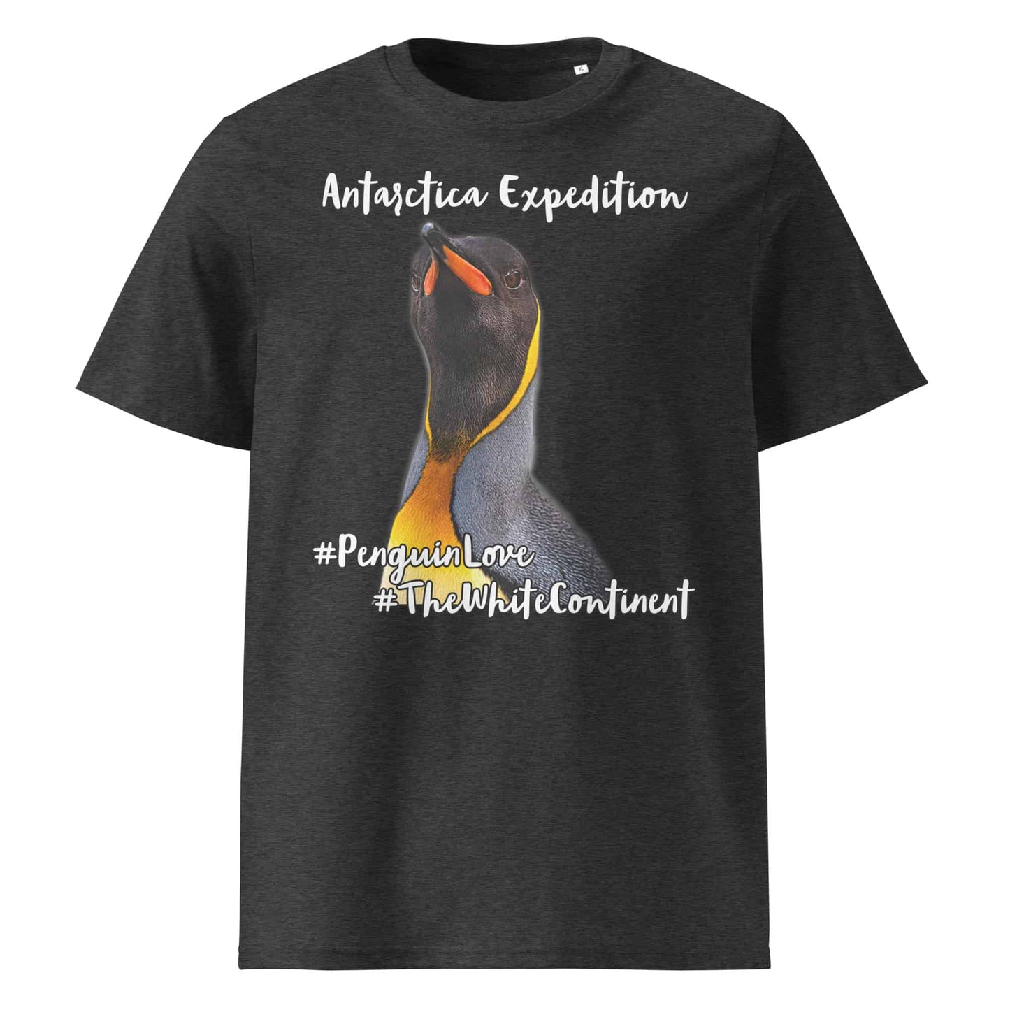 Frontansicht eines Herren T-Shirts mit Fotoprint eines Königs Pinguins in der Farbe Dark Heather Grey Dunkel-Grau