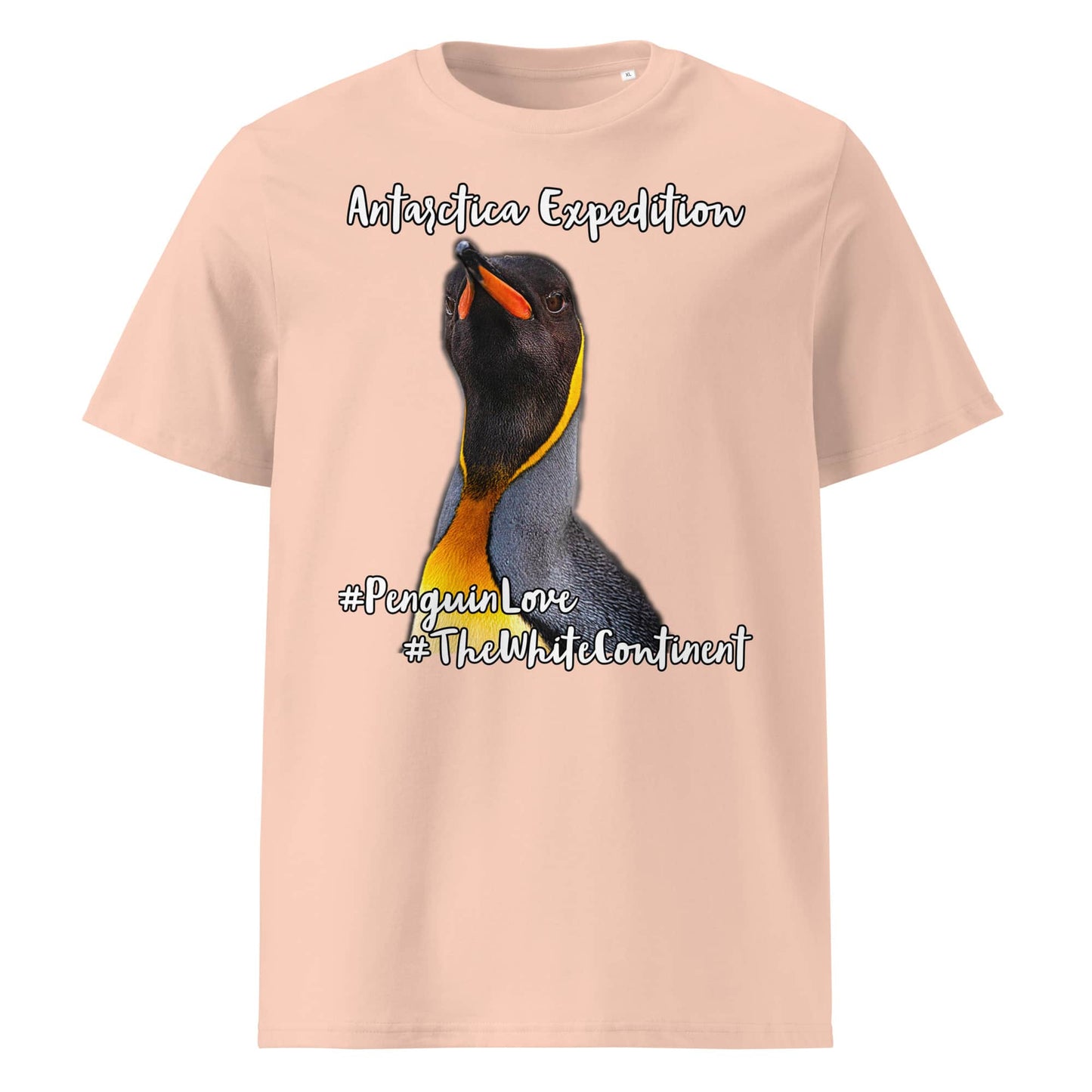 Frontansicht eines Herren T-Shirts mit Fotoprint eines Königs Pinguins in der Farbe Fraiche Peche Pfirsich