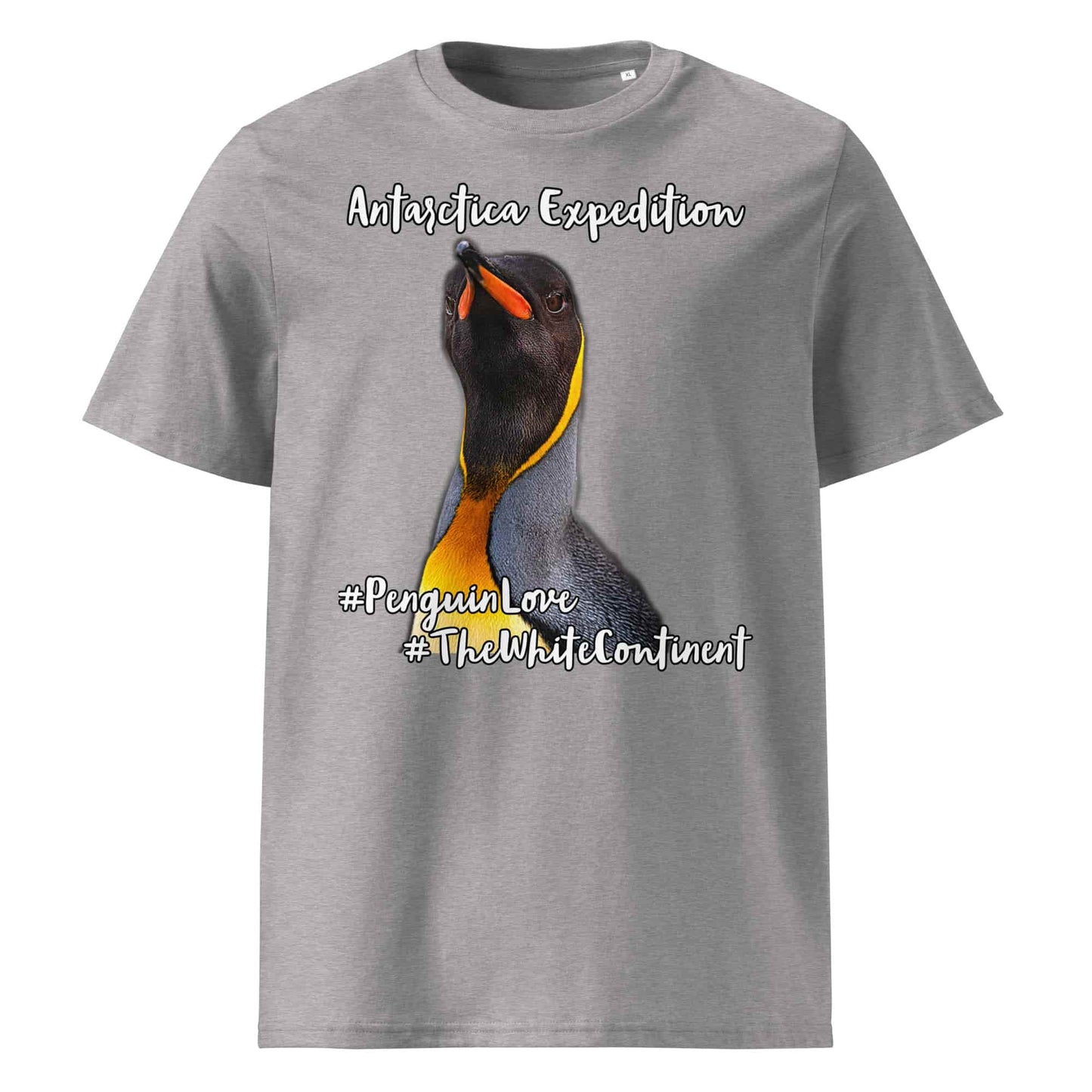 Frontansicht eines Herren T-Shirts mit Fotoprint eines Königs Pinguins in der Farbe Heather Grey Grau