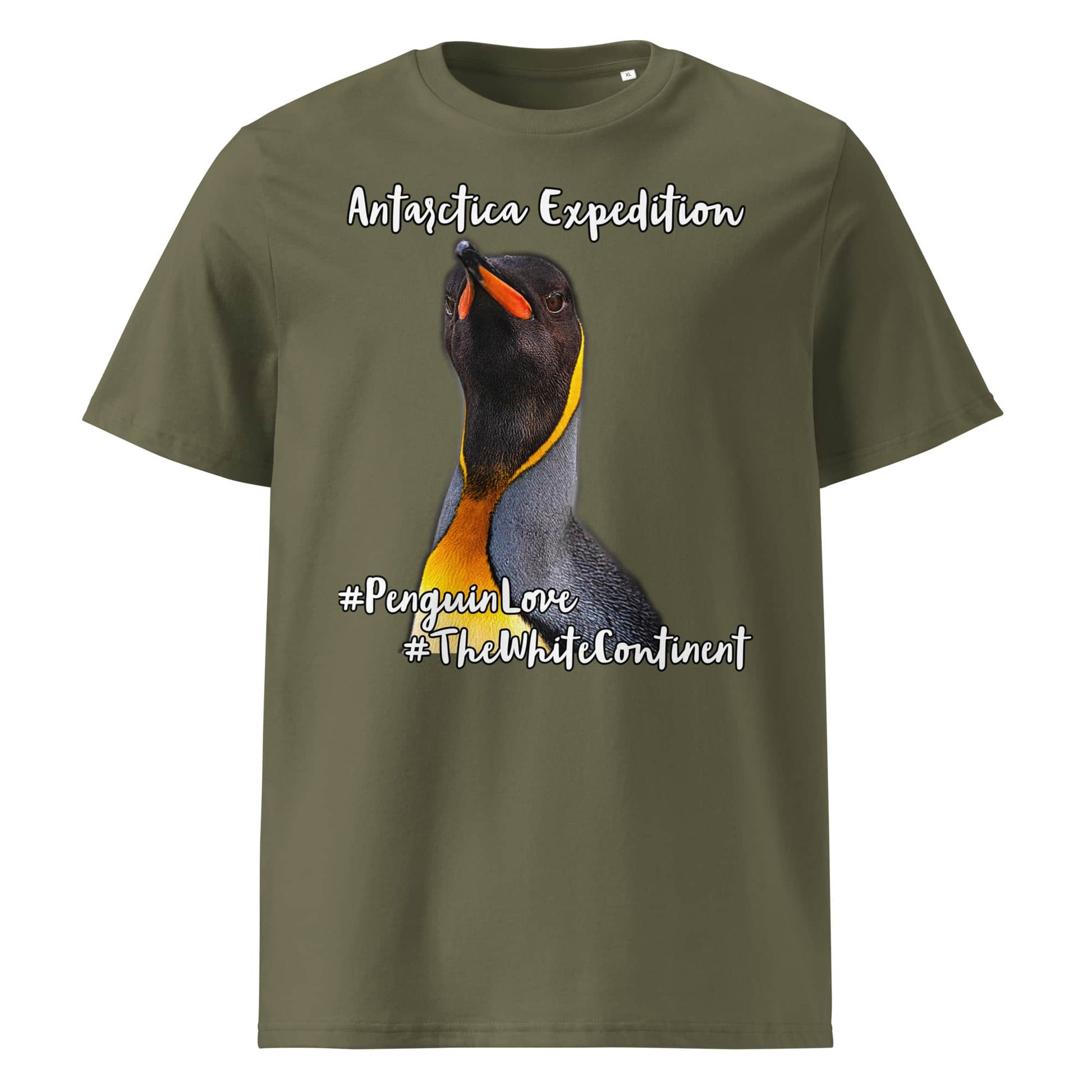 Frontansicht eines Herren T-Shirts mit Fotoprint eines Königs Pinguins in der Farbe Khaki