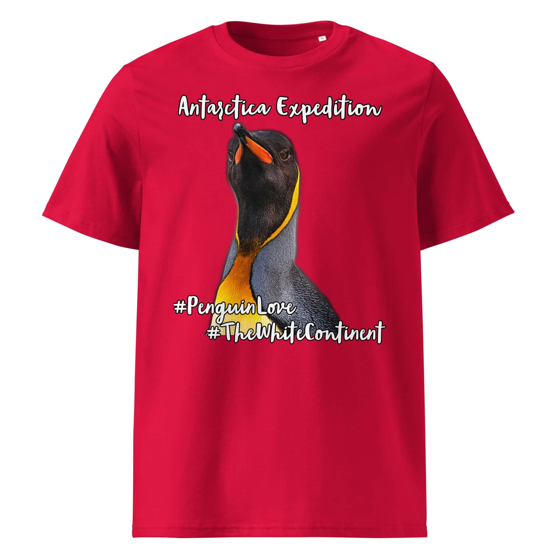 Frontansicht eines Herren T-Shirts mit Fotoprint eines Königs Pinguins in der Farbe Red Rot