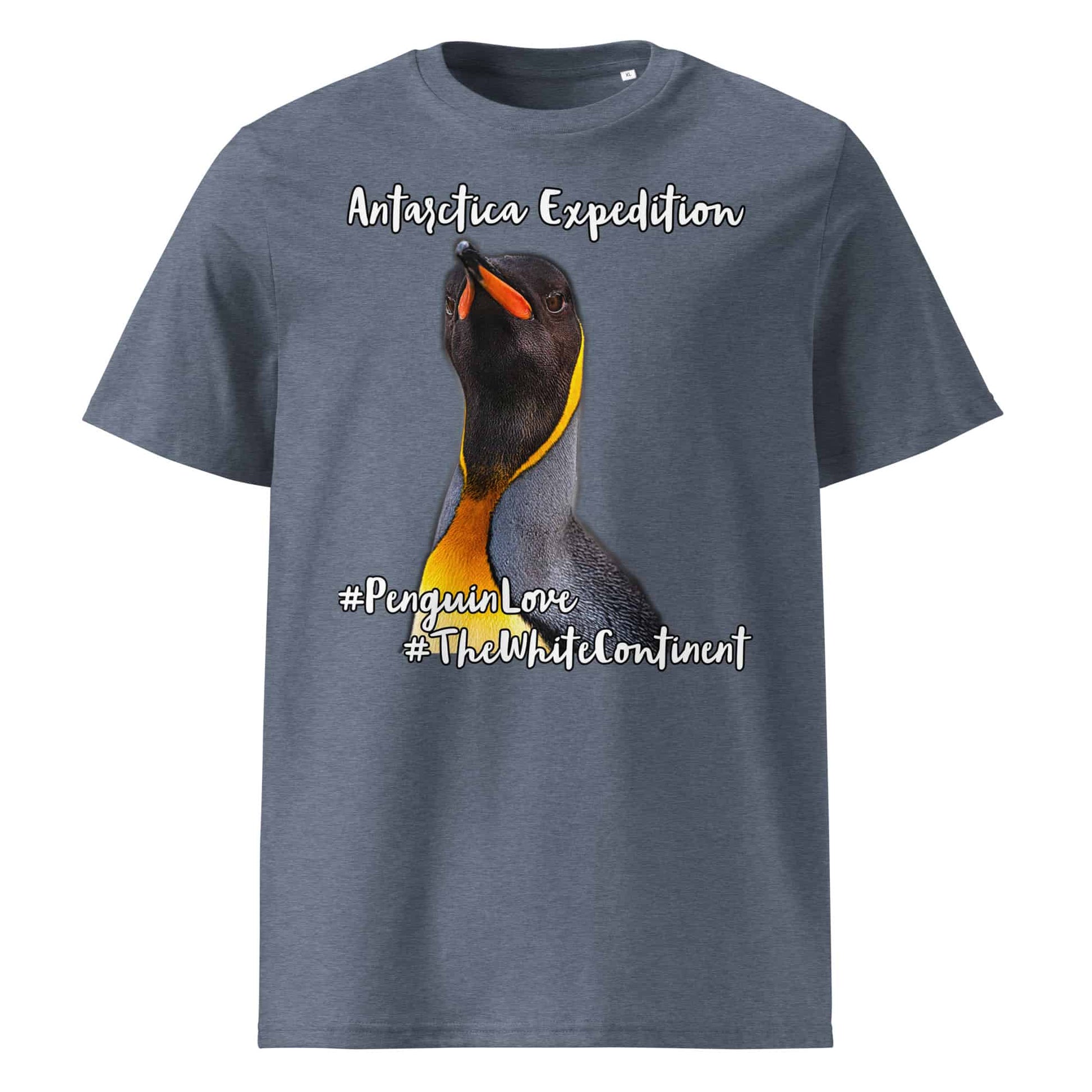 Frontansicht eines Herren T-Shirts mit Fotoprint eines Königs Pinguins in der Farbe Dark Heather lue Grau-Blau