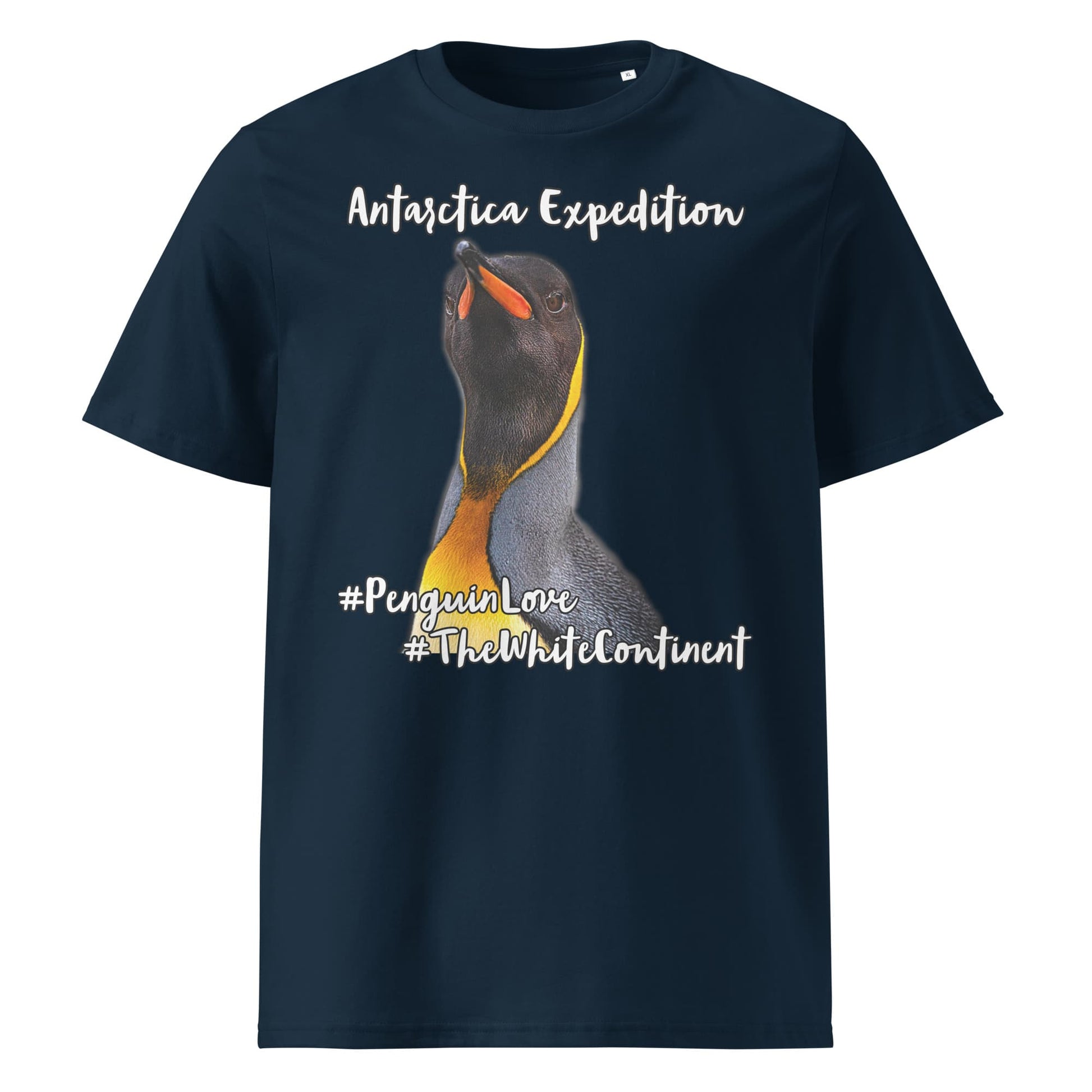 Frontansicht eines Herren T-Shirts mit Fotoprint eines Königs Pinguins in der Farbe French Navy Dunkel-Blau