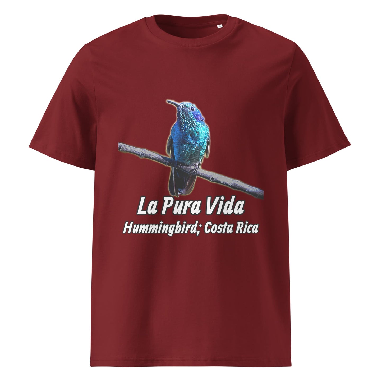 Frontansicht eines T-Shirt für Herren mit einem Kolibri als Fotodruck in der Farbe Burgundy Burgunder Rot