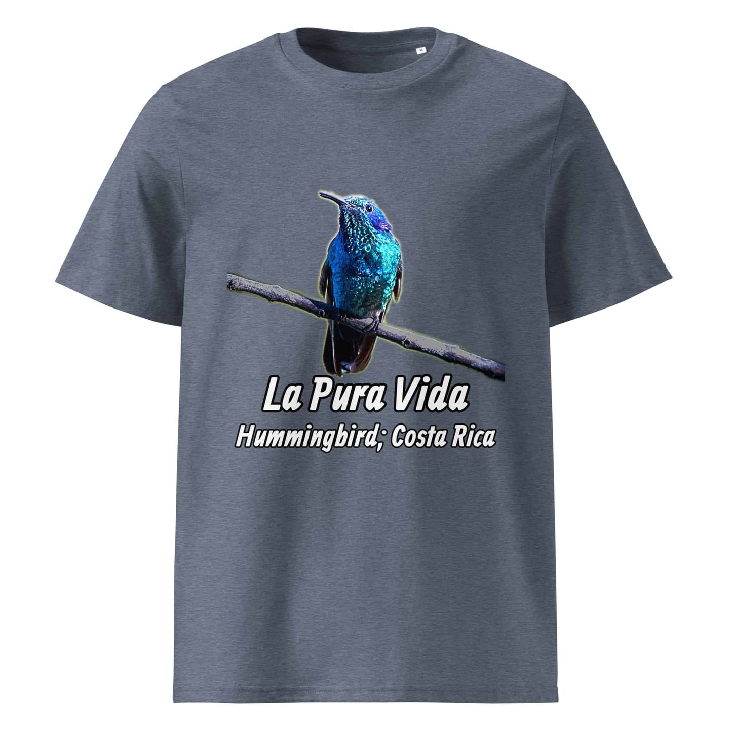 Frontansicht eines T-Shirt für Herren mit einem Kolibri als Fotodruck in der Farbe Dark Heather Blue Grau-Blau