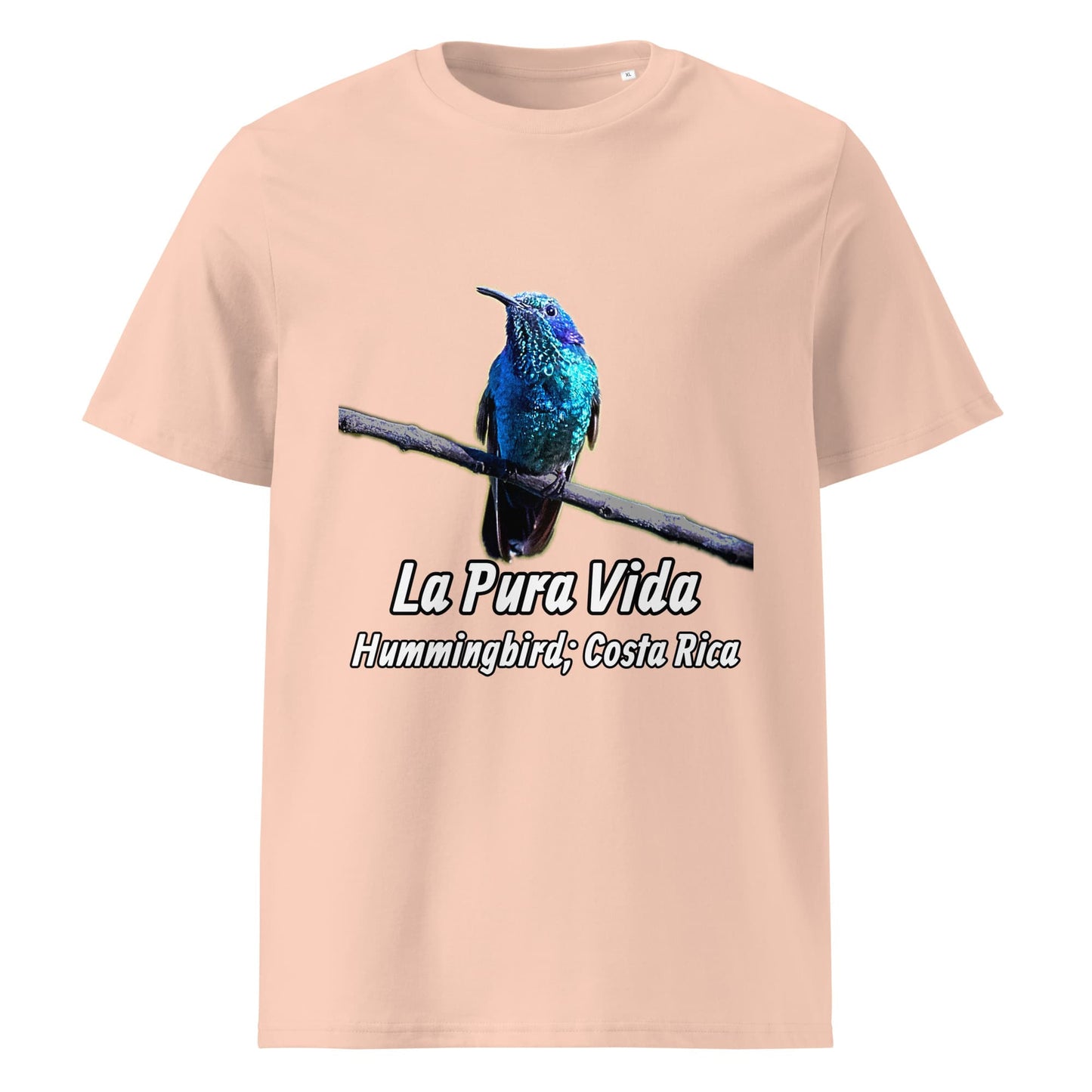 Frontansicht eines T-Shirt für Herren mit einem Kolibri als Fotodruck in der Farbe Fraiche Peche Pfirsich