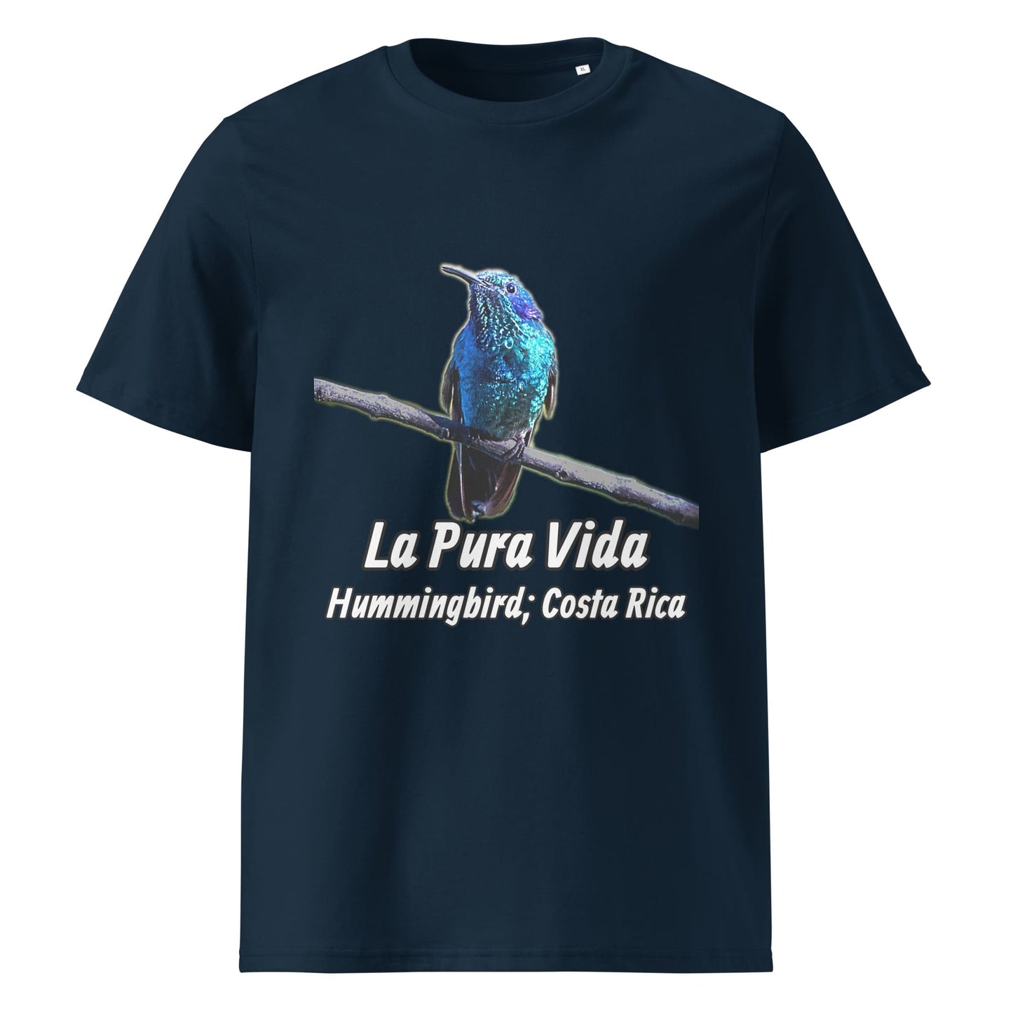 Frontansicht eines T-Shirt für Herren mit einem Kolibri als Fotodruck in der Farbe French Navy Dunkel-Blau