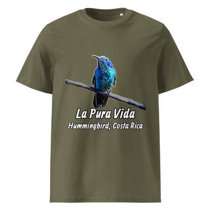 Frontansicht eines T-Shirt für Herren mit einem Kolibri als Fotodruck in der Farbe Khaki