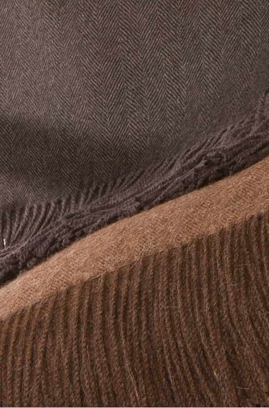 Detailfoto einer weichen Wolldecke FISCHGRAT aus Alpaka in den Farben Kamel Braun