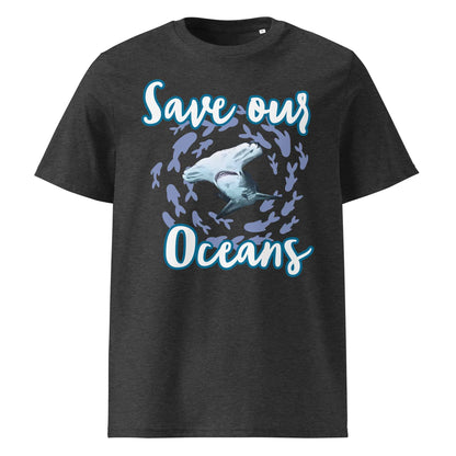 Frontansicht Herren Shirt mit dem Slogan Save our Oceans Motiv Hammerhai in der Farbe Dark Heather Grey Dunkel Grau