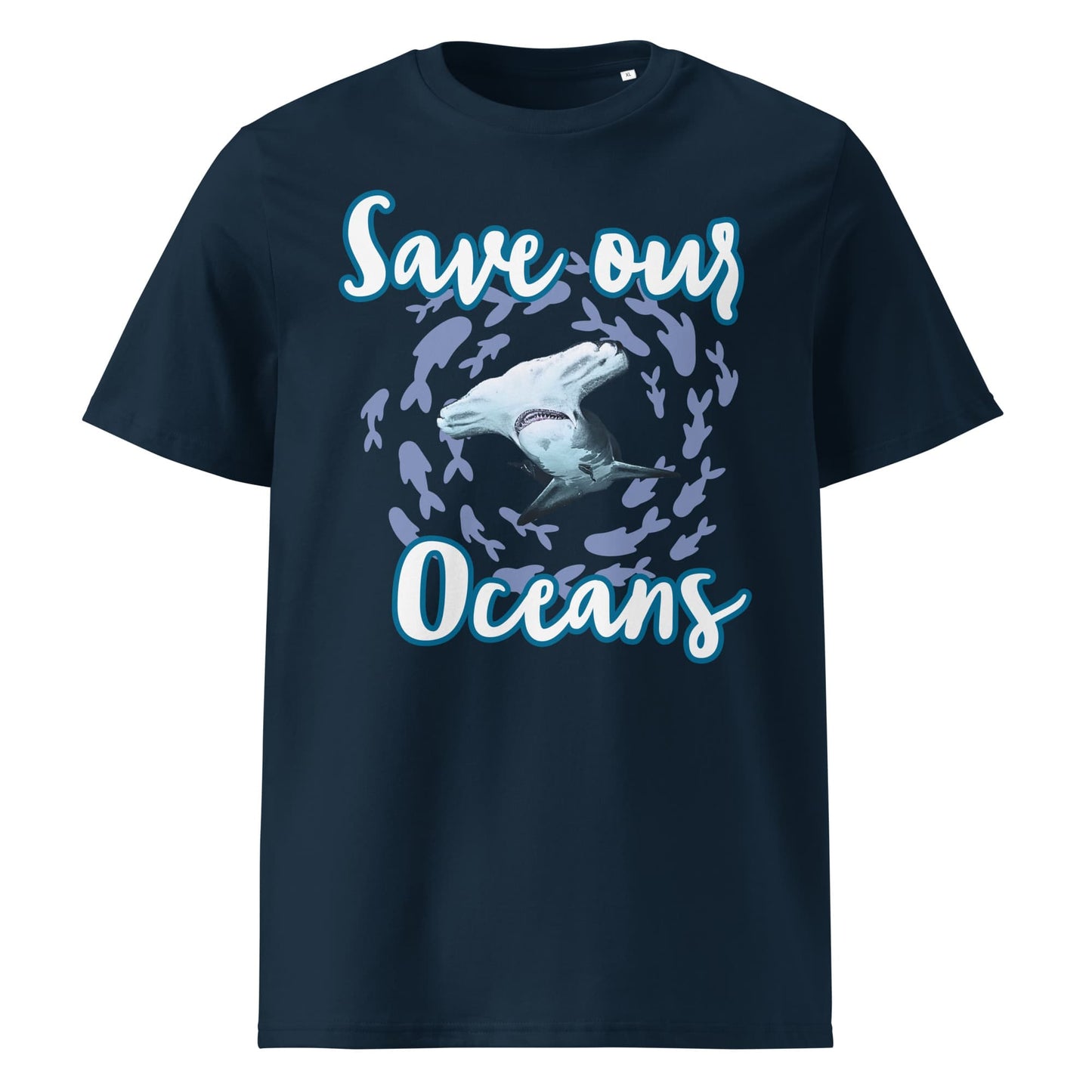 Frontansicht Herren Shirt mit dem Slogan Save our Oceans Motiv Hammerhai in der Farbe French Navy Blau