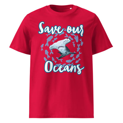 Frontansicht Herren Shirt mit dem Slogan Save our Oceans Motiv Hammerhai in der Farbe Red Rot