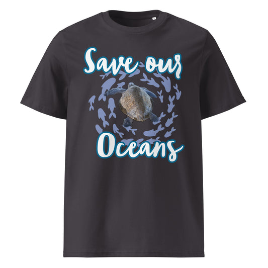 Frontansicht eines Unisex T-Shirts mit dem Slogan Save our Oceans Motiv Meeres Schildkröte in der Farbe Anthracite Anthrazir