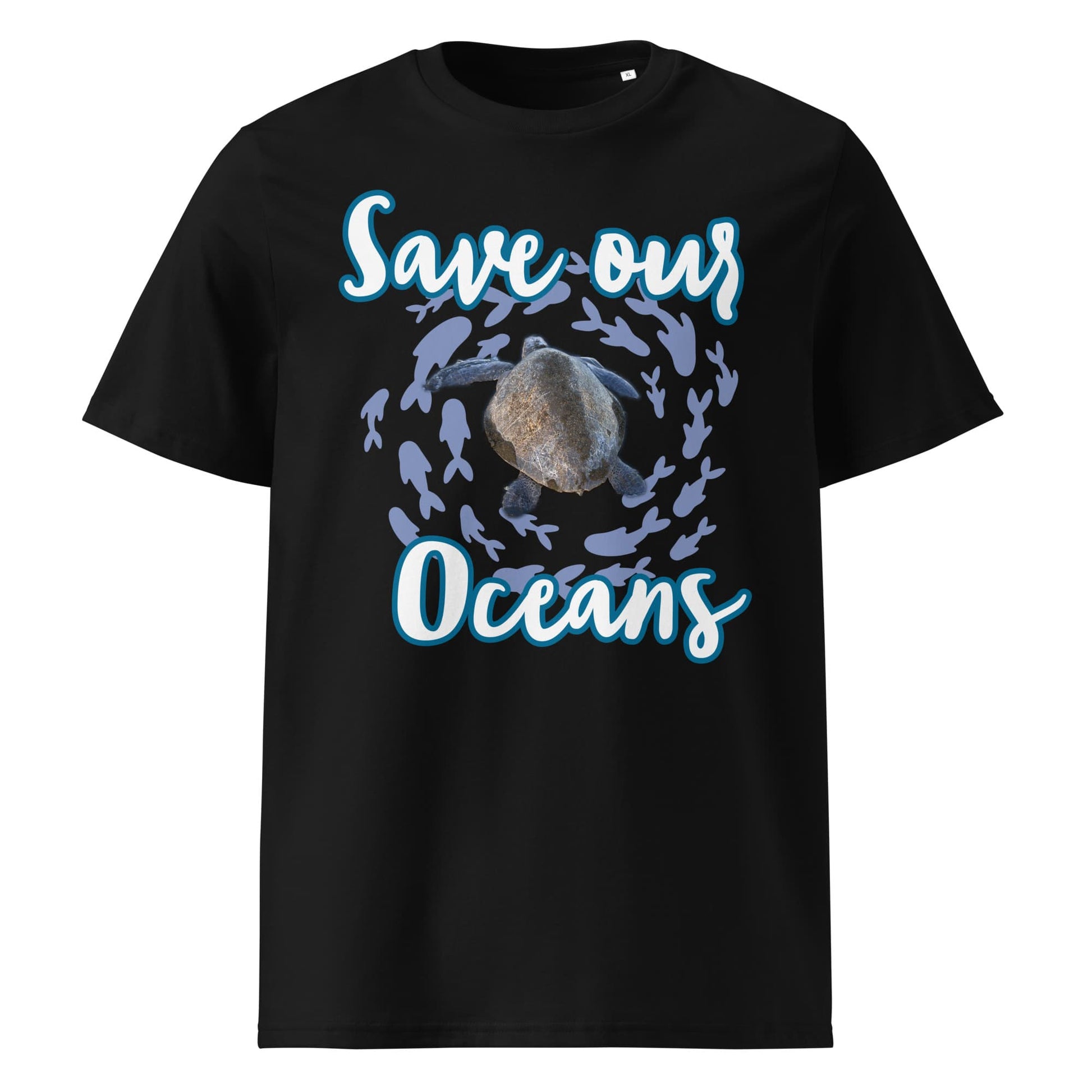 Frontansicht eines Unisex T-Shirts mit dem Slogan Save our Oceans Motiv Meeres Schildkröte in der Farbe Black Schwarz